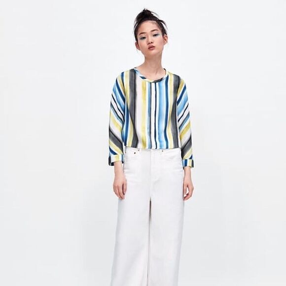 Zara Striped Long Sleeve Cropped Blouse Medium - Picture 1 of 8